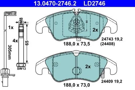 Колодки гальмівні дискові керамічні, к-кт ATE 13.0470-2746.2