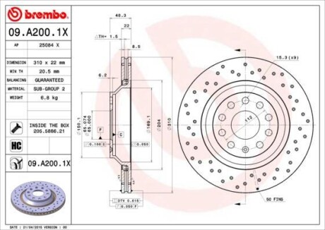 Диск гальмівний BREMBO 09.A200.1X