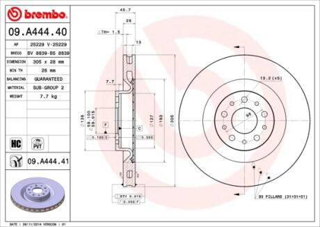 Диск гальмівний, 09- 305mm*5отв. BREMBO 09A44440