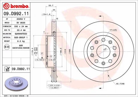 Диск гальмівний передн. BREMBO 09.D992.11