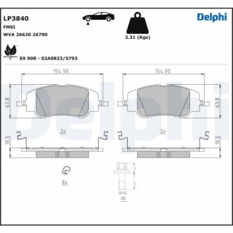 Фото комплект гальмівних колодок з 4 шт. дисків Delphi LP3840 Комплект гальмівних колодок з 4 шт. дисків Delphi LP3840