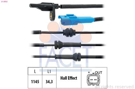 Датчик ABS Citroen C2,C3/Peugeot 1007 02-11 перед Л/Пр  FACET 21.0062