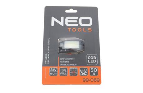 Налобний ліхтар з акумулятором USB 180 lm COB LED + датчик руху Neo-tools 99-069