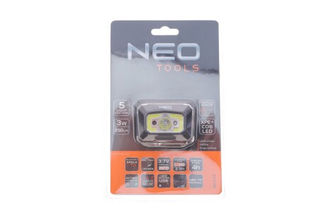 Налобний ліхтар з акумулятором USB 250 lm COB LED + датчик руху Neo-tools 99-073