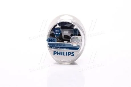 Лампа розжарювання H4 12V 60/55W WhiteVision ULTRA +60 (4200K) (компл) (вир-во Philips) PHILIPS 12342WVUSM