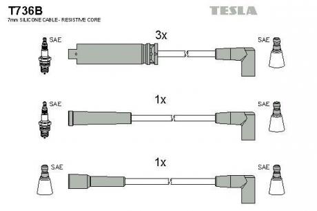 Провод высоковольтный DAEWOO NEXIA 1.5 8V FLH к-т с металлическими наконечниками TESLA T736B (фото 1)